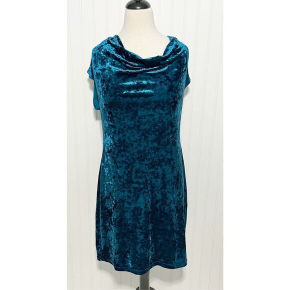 Karin Stevens Scoop Neck Stretchy Velvet Dress Teal Blue Women's Cowl Size 14 - Picture 9 of 9